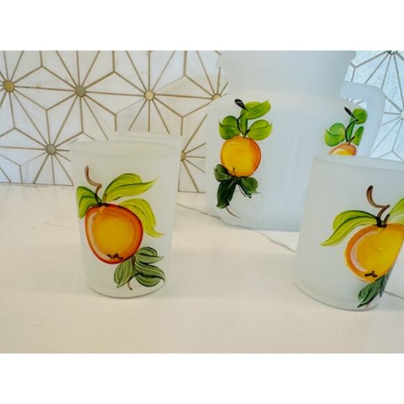 Vintage Gay Fad Hazel Atlas Frosted Peach‎ Pitcher and 5 Glasses | Hand-Painted - Picture 5 of 10